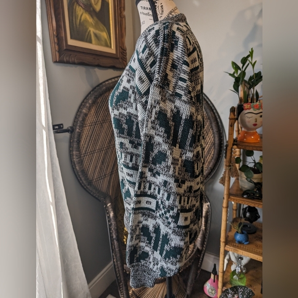 1990s Vintage Unisex Grey Green Geometric Sweater Size Medium - Picture 2 of 7